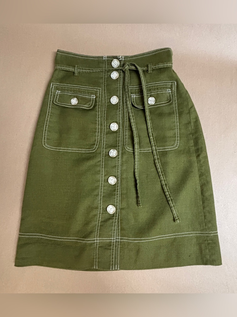 🦒 J. Crew Olive Green Button-Front A-Line Skirt with Waist Tie